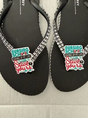 Black Rhinestone Flip Flops for Kids with Nursing School Charm